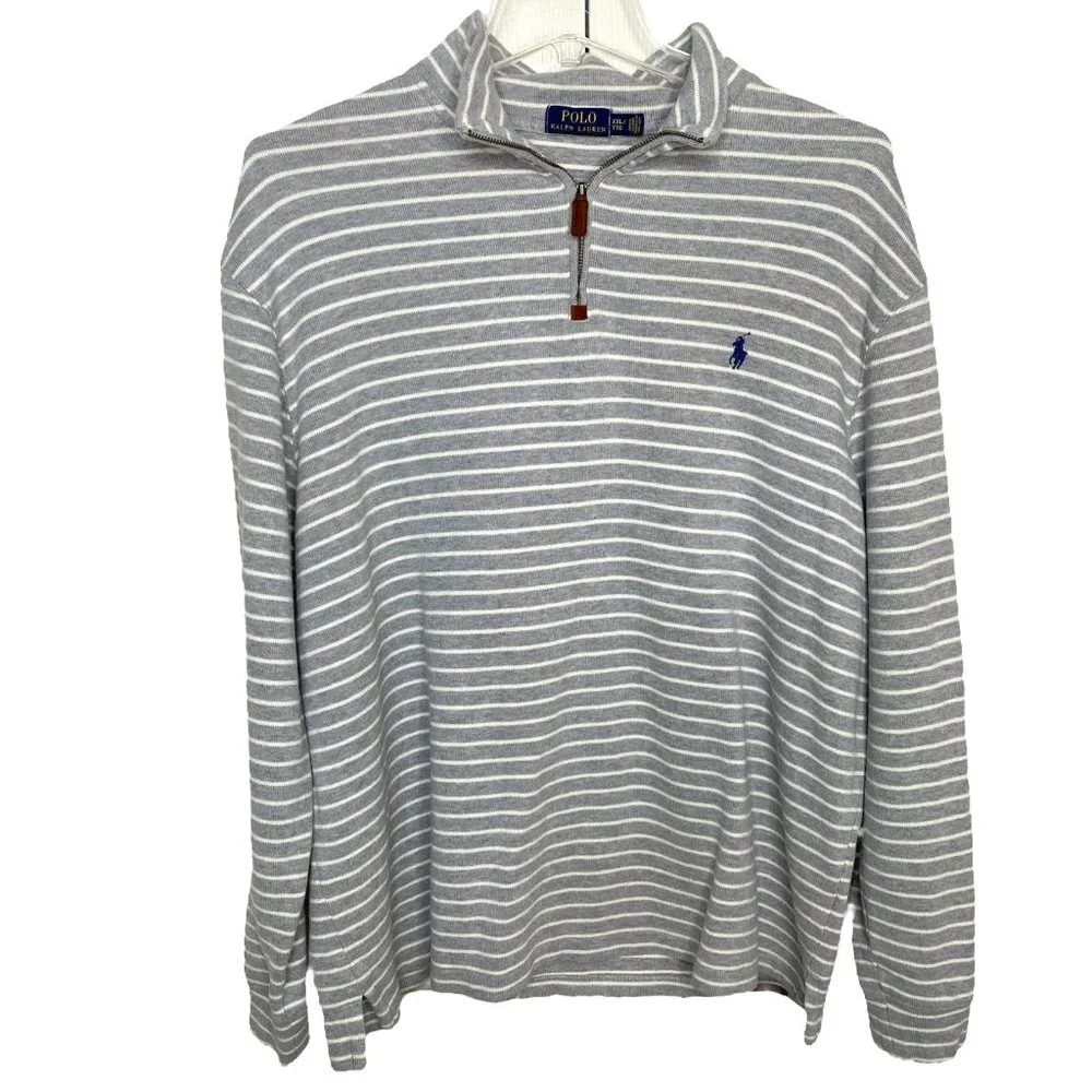 Polo Ralph Lauren Men’s XXL Gray White Striped 100% Cotton Quarter Zip Pullover